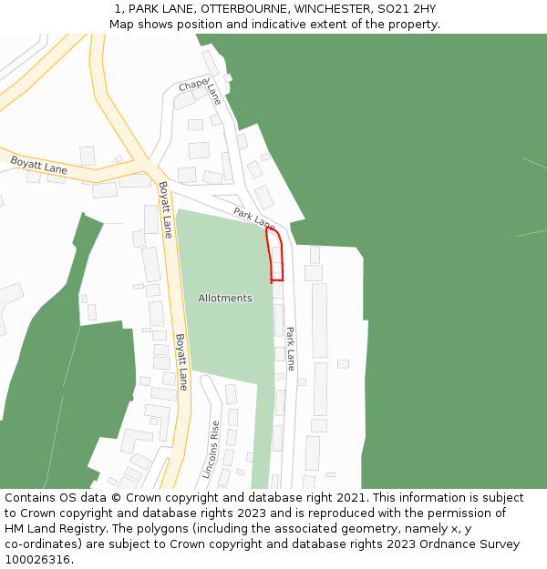 1, PARK LANE, OTTERBOURNE, WINCHESTER, SO21 2HY: Location map and indicative extent of plot