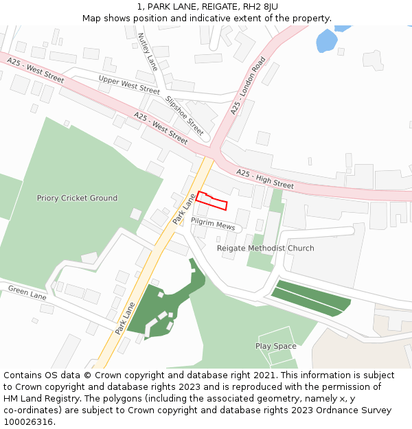 1, PARK LANE, REIGATE, RH2 8JU: Location map and indicative extent of plot