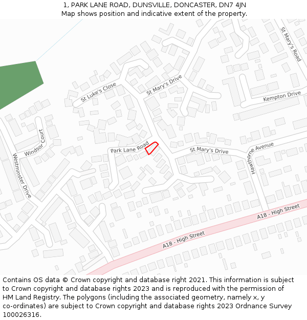 1, PARK LANE ROAD, DUNSVILLE, DONCASTER, DN7 4JN: Location map and indicative extent of plot