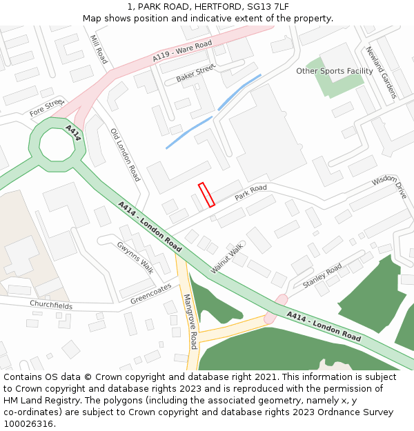 1, PARK ROAD, HERTFORD, SG13 7LF: Location map and indicative extent of plot