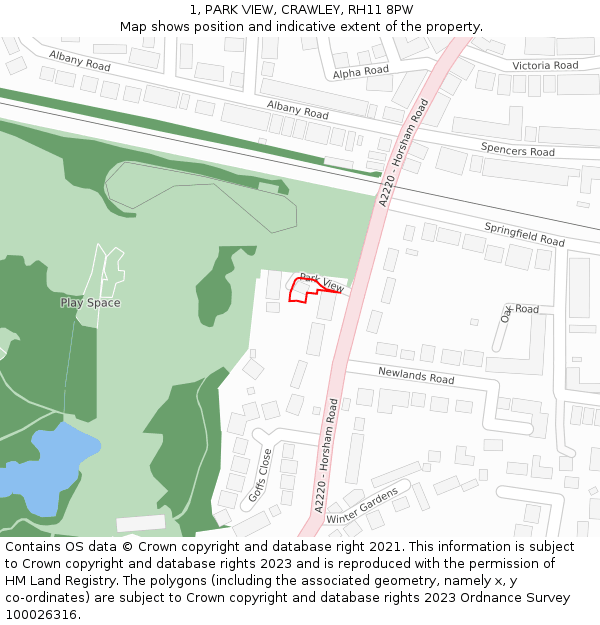 1, PARK VIEW, CRAWLEY, RH11 8PW: Location map and indicative extent of plot