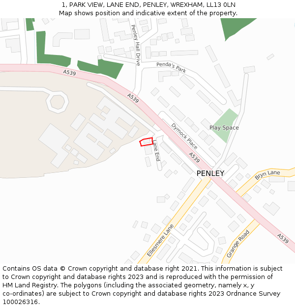 1, PARK VIEW, LANE END, PENLEY, WREXHAM, LL13 0LN: Location map and indicative extent of plot