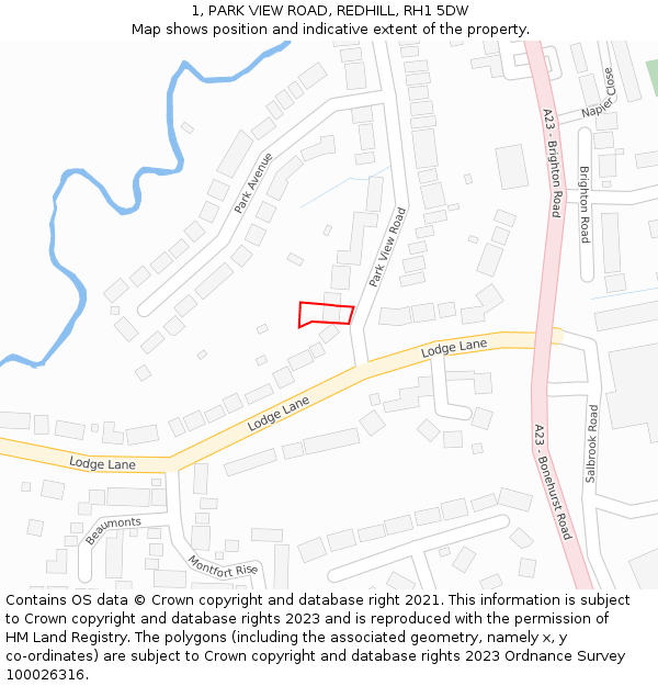 1, PARK VIEW ROAD, REDHILL, RH1 5DW: Location map and indicative extent of plot