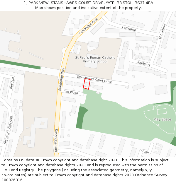 1, PARK VIEW, STANSHAWES COURT DRIVE, YATE, BRISTOL, BS37 4EA: Location map and indicative extent of plot