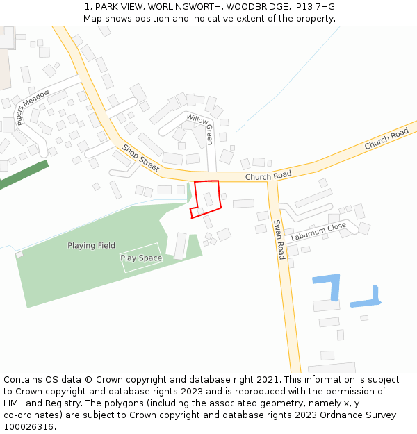 1, PARK VIEW, WORLINGWORTH, WOODBRIDGE, IP13 7HG: Location map and indicative extent of plot