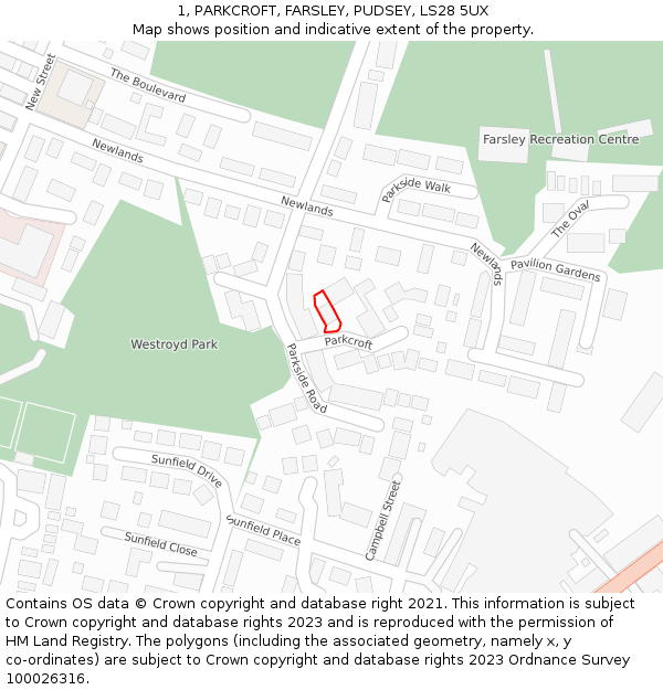 1, PARKCROFT, FARSLEY, PUDSEY, LS28 5UX: Location map and indicative extent of plot