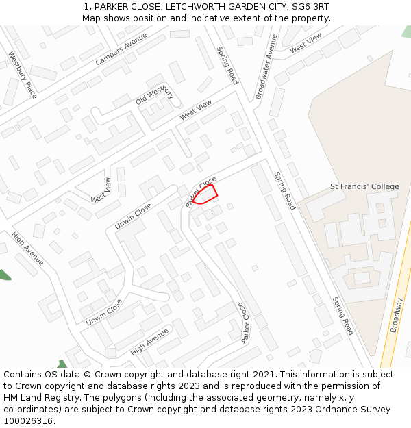 1, PARKER CLOSE, LETCHWORTH GARDEN CITY, SG6 3RT: Location map and indicative extent of plot