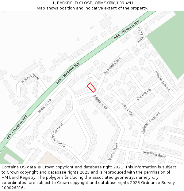 1, PARKFIELD CLOSE, ORMSKIRK, L39 4YH: Location map and indicative extent of plot