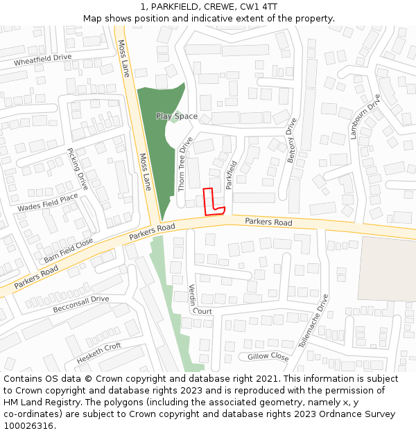 1, PARKFIELD, CREWE, CW1 4TT: Location map and indicative extent of plot