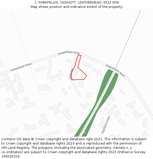 1, PARKFIELDS, OXSHOTT, LEATHERHEAD, KT22 0PW: Location map and indicative extent of plot