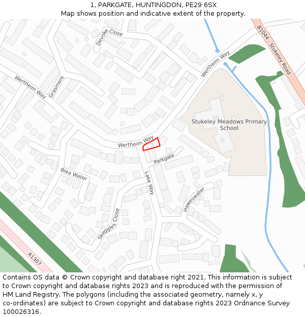 1, PARKGATE, HUNTINGDON, PE29 6SX: Location map and indicative extent of plot