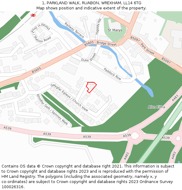 1, PARKLAND WALK, RUABON, WREXHAM, LL14 6TG: Location map and indicative extent of plot