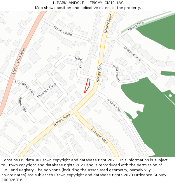 1, PARKLANDS, BILLERICAY, CM11 1AS: Location map and indicative extent of plot
