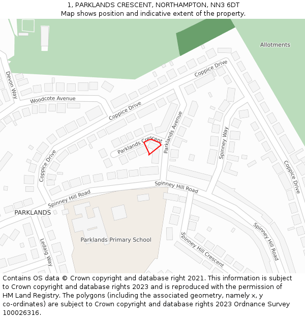 1, PARKLANDS CRESCENT, NORTHAMPTON, NN3 6DT: Location map and indicative extent of plot