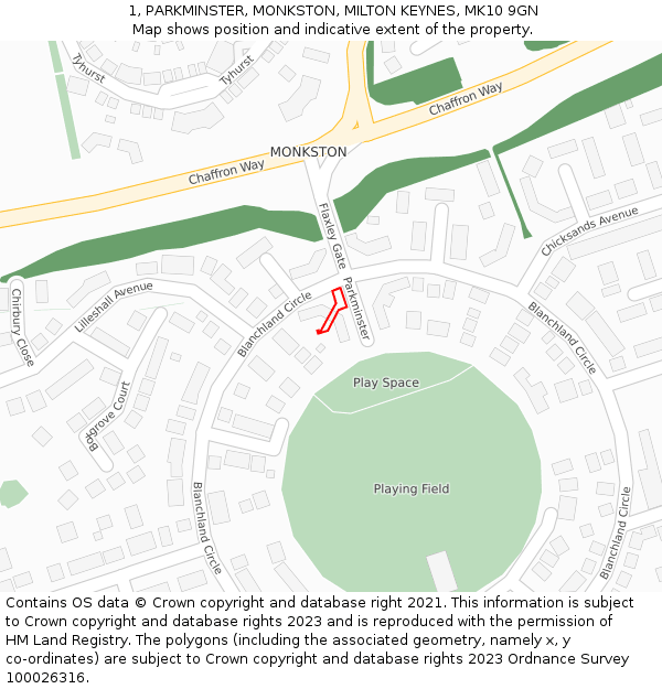 1, PARKMINSTER, MONKSTON, MILTON KEYNES, MK10 9GN: Location map and indicative extent of plot