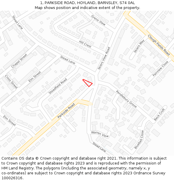 1, PARKSIDE ROAD, HOYLAND, BARNSLEY, S74 0AL: Location map and indicative extent of plot