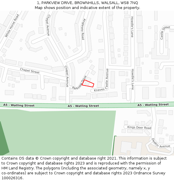1, PARKVIEW DRIVE, BROWNHILLS, WALSALL, WS8 7NQ: Location map and indicative extent of plot