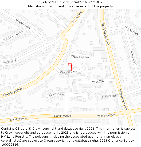 1, PARKVILLE CLOSE, COVENTRY, CV6 4HX: Location map and indicative extent of plot