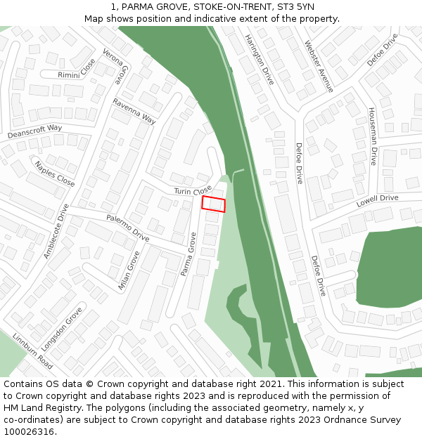 1, PARMA GROVE, STOKE-ON-TRENT, ST3 5YN: Location map and indicative extent of plot