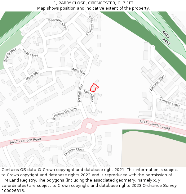 1, PARRY CLOSE, CIRENCESTER, GL7 1FT: Location map and indicative extent of plot