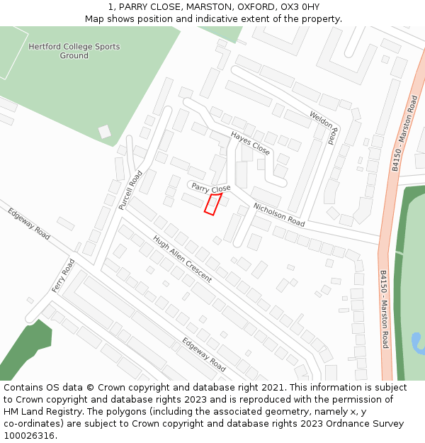 1, PARRY CLOSE, MARSTON, OXFORD, OX3 0HY: Location map and indicative extent of plot