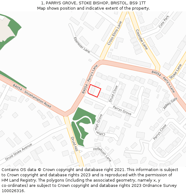 1, PARRYS GROVE, STOKE BISHOP, BRISTOL, BS9 1TT: Location map and indicative extent of plot