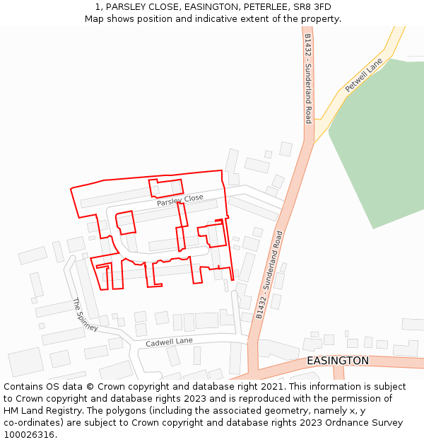 1, PARSLEY CLOSE, EASINGTON, PETERLEE, SR8 3FD: Location map and indicative extent of plot