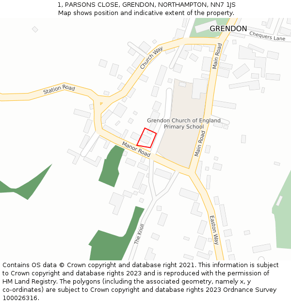 1, PARSONS CLOSE, GRENDON, NORTHAMPTON, NN7 1JS: Location map and indicative extent of plot