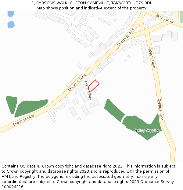 1, PARSONS WALK, CLIFTON CAMPVILLE, TAMWORTH, B79 0DL: Location map and indicative extent of plot