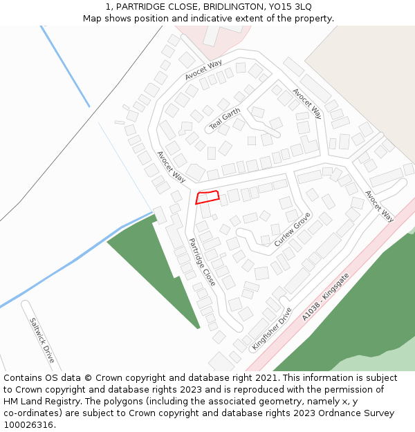 1, PARTRIDGE CLOSE, BRIDLINGTON, YO15 3LQ: Location map and indicative extent of plot