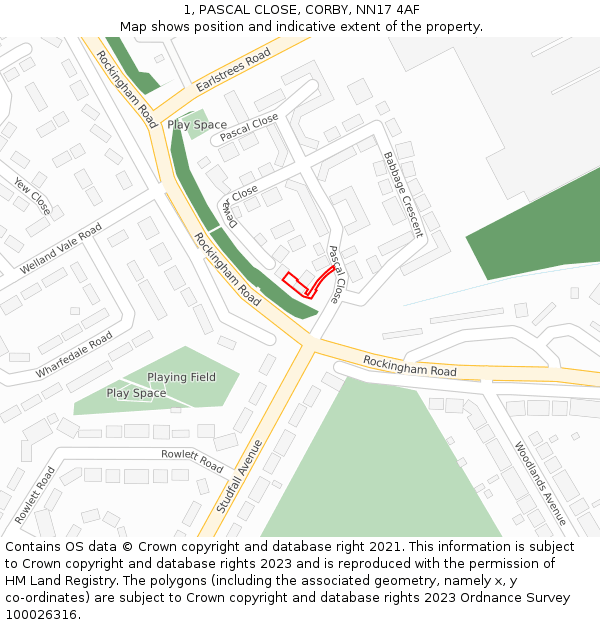 1, PASCAL CLOSE, CORBY, NN17 4AF: Location map and indicative extent of plot