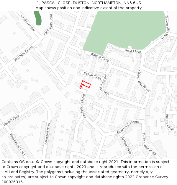 1, PASCAL CLOSE, DUSTON, NORTHAMPTON, NN5 6US: Location map and indicative extent of plot