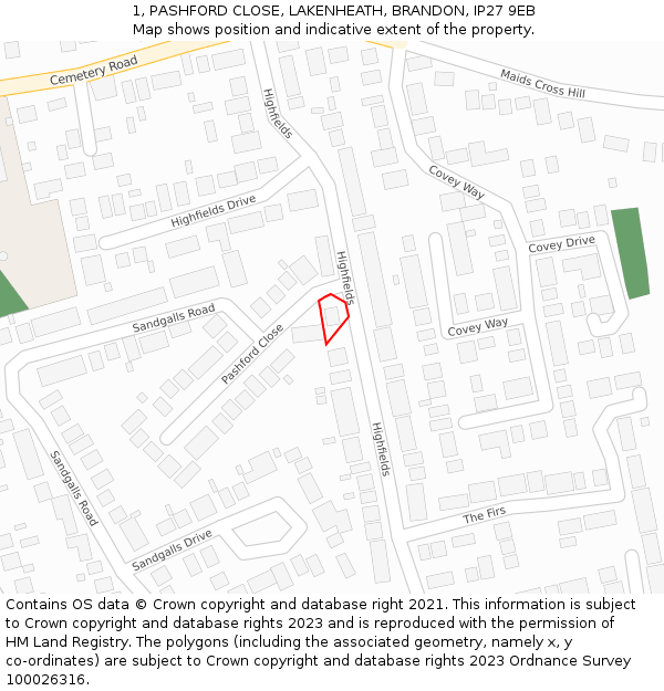 1, PASHFORD CLOSE, LAKENHEATH, BRANDON, IP27 9EB: Location map and indicative extent of plot