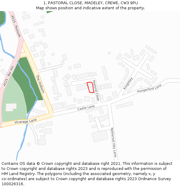 1, PASTORAL CLOSE, MADELEY, CREWE, CW3 9PU: Location map and indicative extent of plot