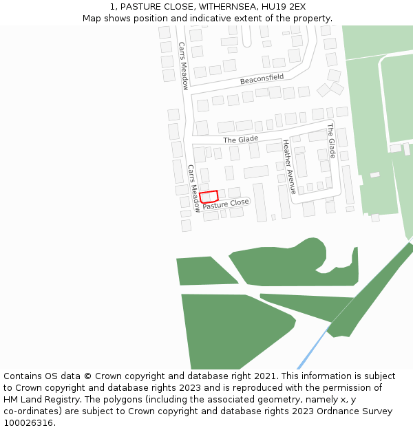 1, PASTURE CLOSE, WITHERNSEA, HU19 2EX: Location map and indicative extent of plot