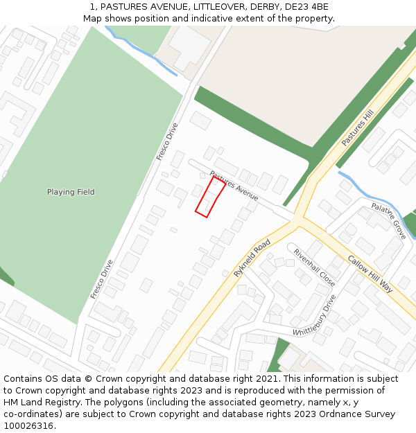1, PASTURES AVENUE, LITTLEOVER, DERBY, DE23 4BE: Location map and indicative extent of plot