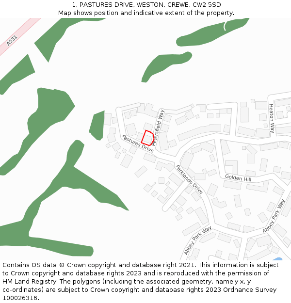 1, PASTURES DRIVE, WESTON, CREWE, CW2 5SD: Location map and indicative extent of plot