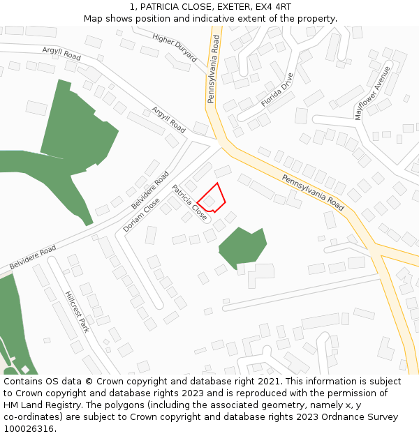 1, PATRICIA CLOSE, EXETER, EX4 4RT: Location map and indicative extent of plot