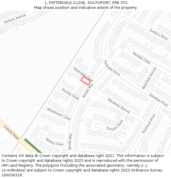 1, PATTERDALE CLOSE, SOUTHPORT, PR8 3TG: Location map and indicative extent of plot