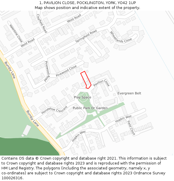 1, PAVILION CLOSE, POCKLINGTON, YORK, YO42 1UP: Location map and indicative extent of plot