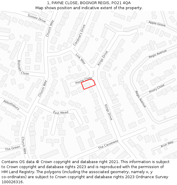 1, PAYNE CLOSE, BOGNOR REGIS, PO21 4QA: Location map and indicative extent of plot