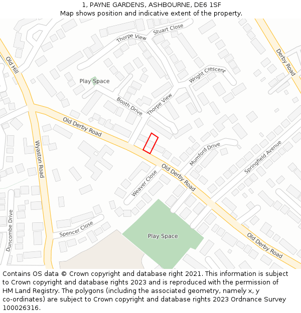 1, PAYNE GARDENS, ASHBOURNE, DE6 1SF: Location map and indicative extent of plot