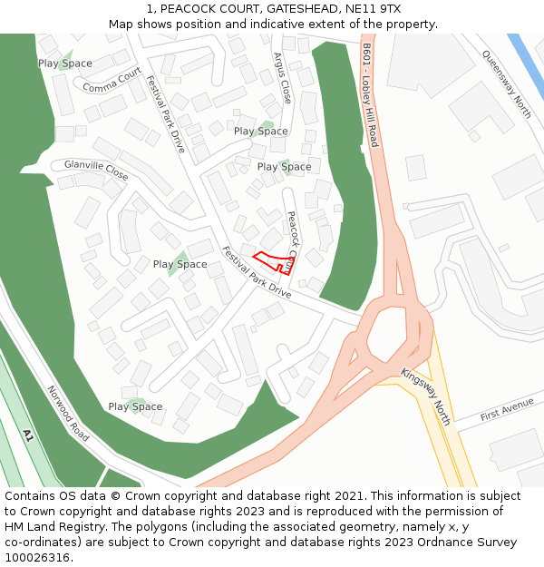 1, PEACOCK COURT, GATESHEAD, NE11 9TX: Location map and indicative extent of plot