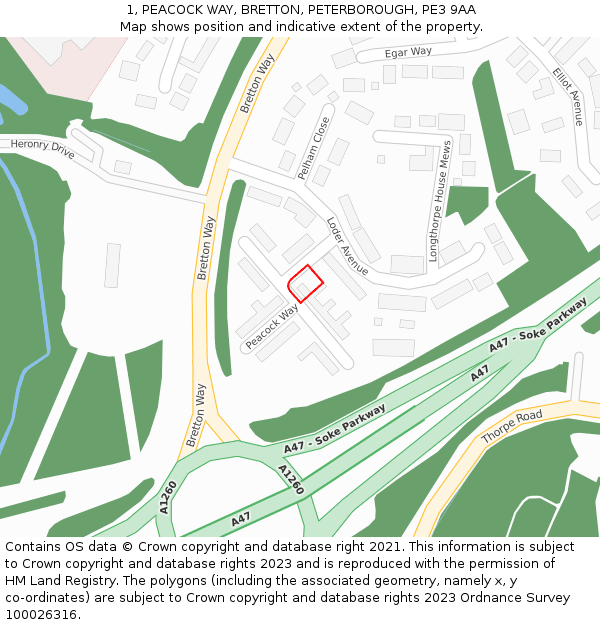 1, PEACOCK WAY, BRETTON, PETERBOROUGH, PE3 9AA: Location map and indicative extent of plot
