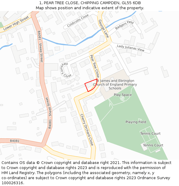 1, PEAR TREE CLOSE, CHIPPING CAMPDEN, GL55 6DB: Location map and indicative extent of plot