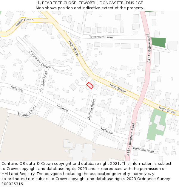 1, PEAR TREE CLOSE, EPWORTH, DONCASTER, DN9 1GF: Location map and indicative extent of plot