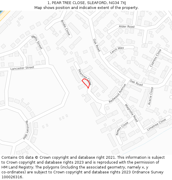 1, PEAR TREE CLOSE, SLEAFORD, NG34 7XJ: Location map and indicative extent of plot