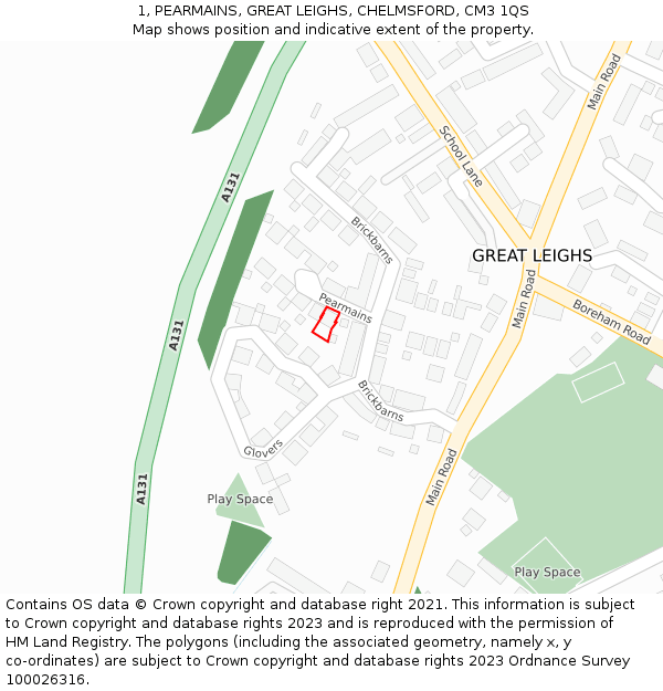 1, PEARMAINS, GREAT LEIGHS, CHELMSFORD, CM3 1QS: Location map and indicative extent of plot