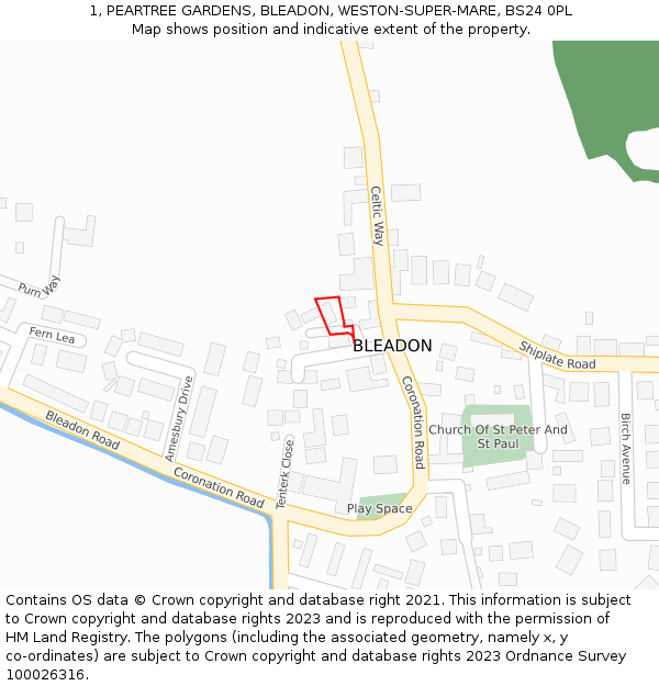 1, PEARTREE GARDENS, BLEADON, WESTON-SUPER-MARE, BS24 0PL: Location map and indicative extent of plot