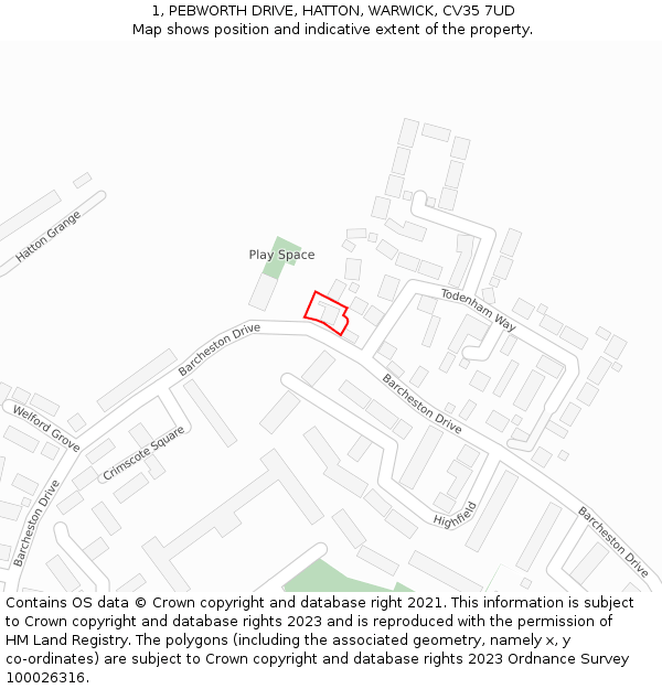 1, PEBWORTH DRIVE, HATTON, WARWICK, CV35 7UD: Location map and indicative extent of plot